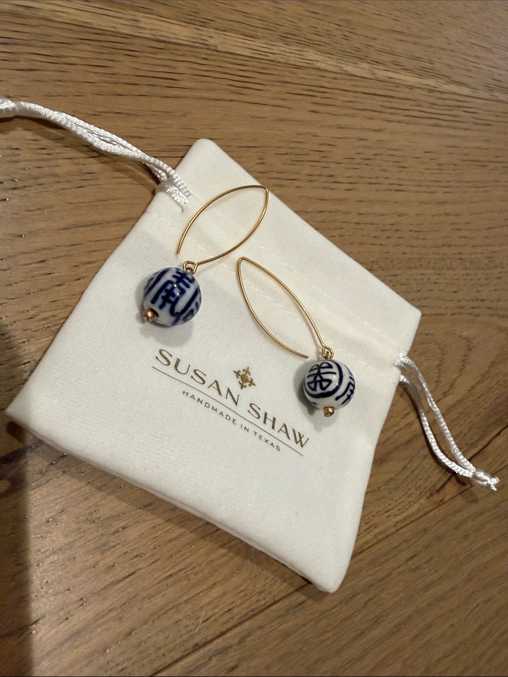 Susan Shaw Blue & White Porcelain Drop Hoop Earrings